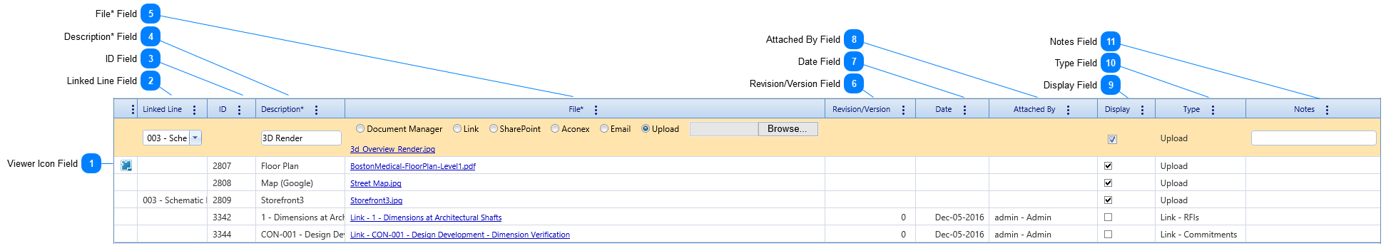 Attachments Tab Table