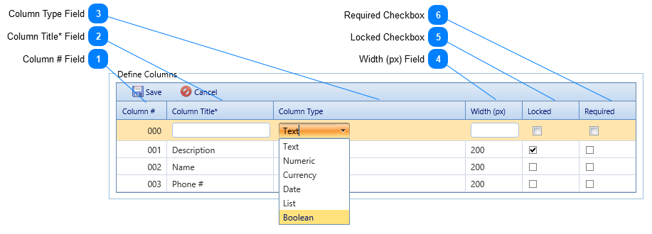 Define Columns Table