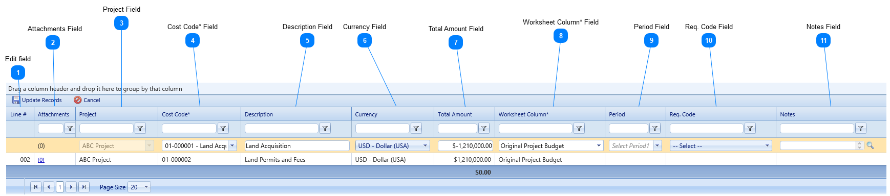 Journal Entries Details Tab Table