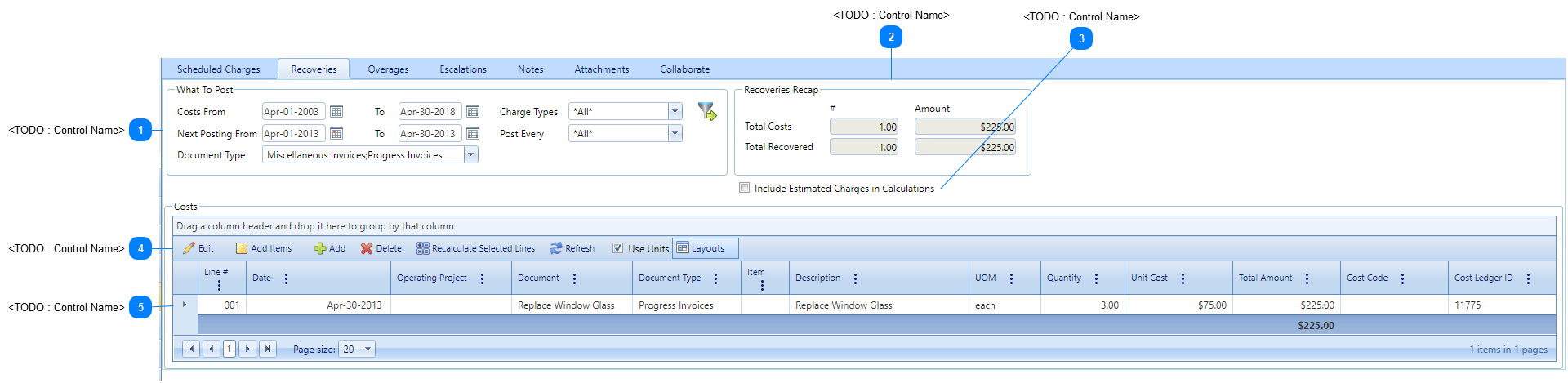 Lease Administrator Recoveries Tab