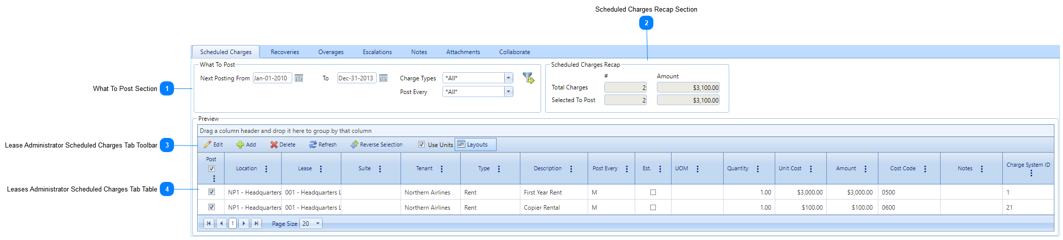 Lease Administrator Scheduled Charges Tab