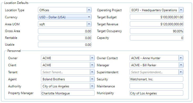 11. Location Defaults Section