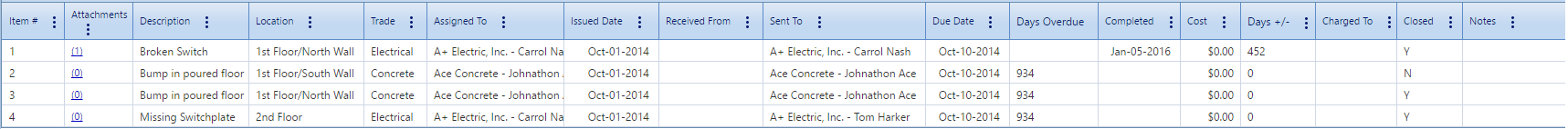 3. Punch Lists Details Tab Table