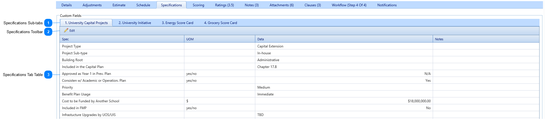 Specifications Tab