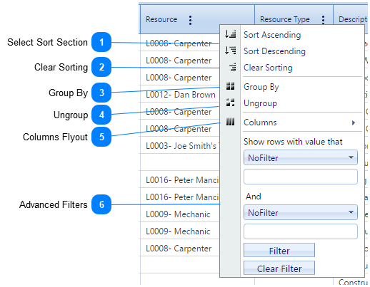 Table Header Context Menu