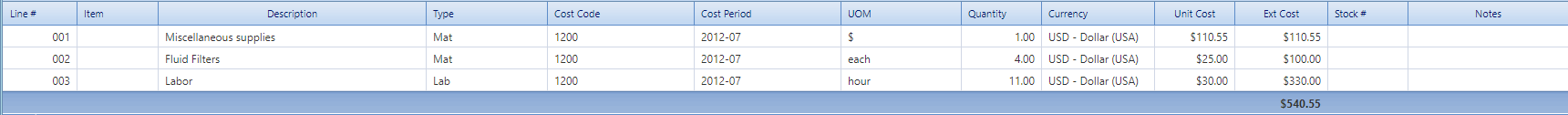 2. Work Orders Material Costs Tab Table