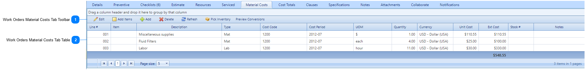 Work Orders Material Costs Tab