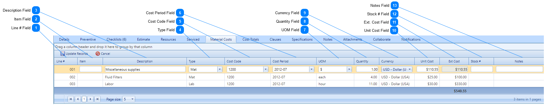 Work Orders Material Costs Tab Table