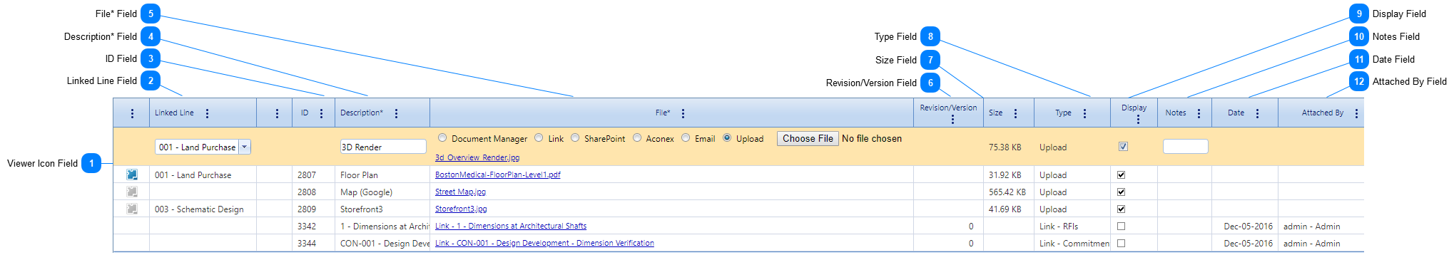 Attachments Tab Table