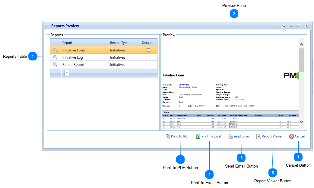 BI Reports Preview Dialog