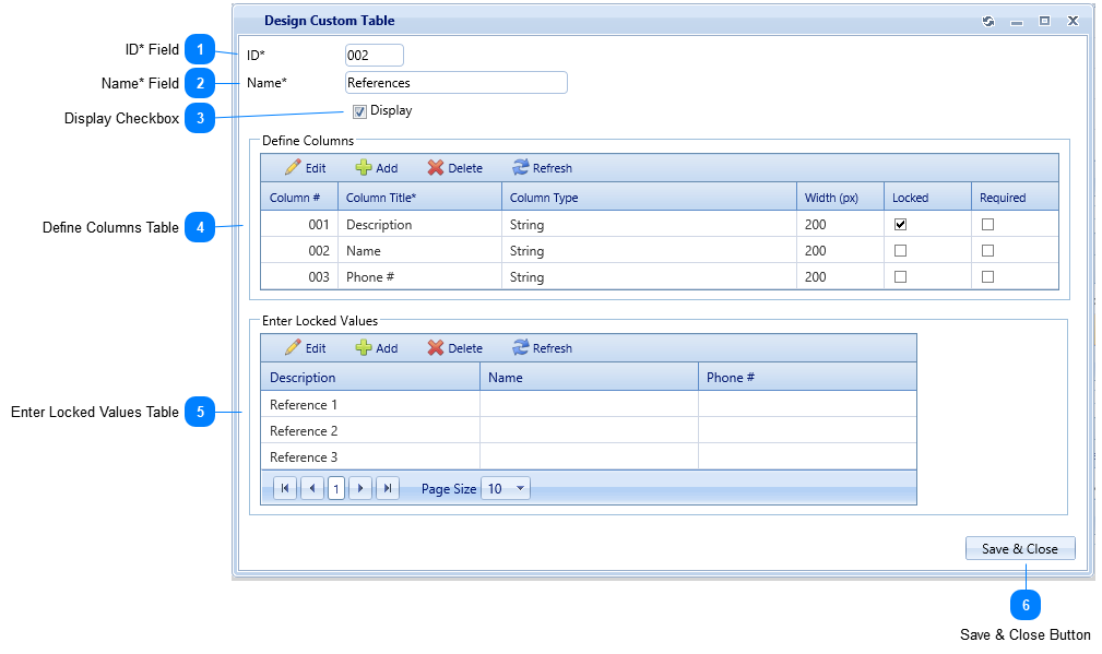 Design Custom Table Dialog