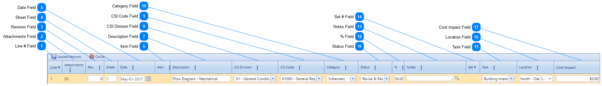 Drawing Lists Details Tab Table