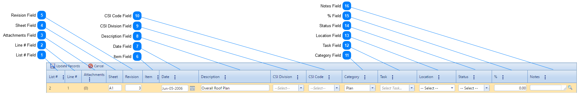 Drawing Sets Details Tab Table