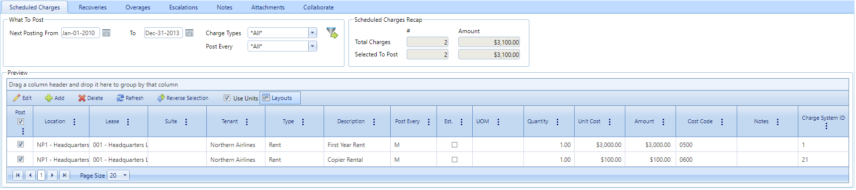 3. Lease Administrator Scheduled Charges Tab