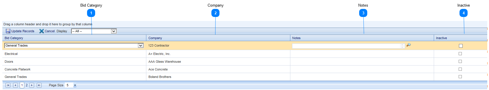 Pre-bid Bidder Matrix Tab Table