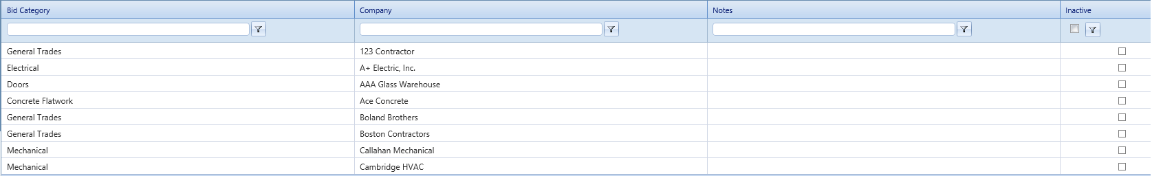 4. Pre-bid Bidder Matrix Tab Table