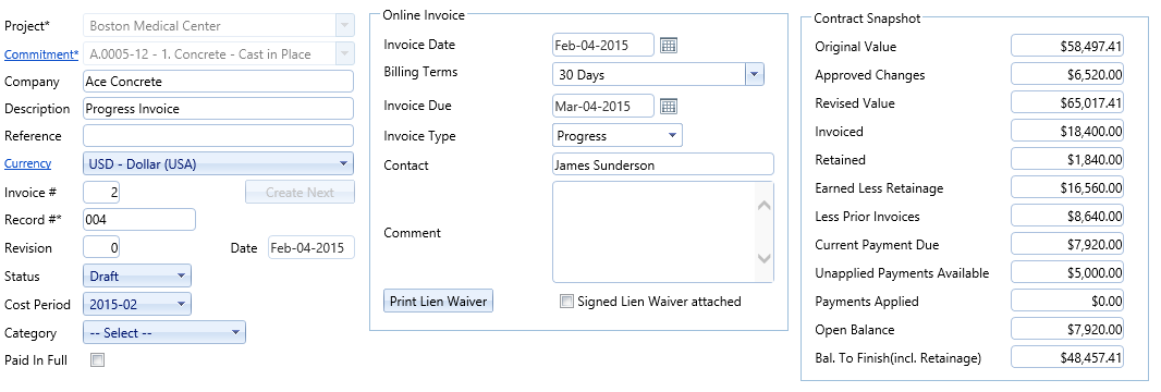 2. Progress Invoices Header Fields