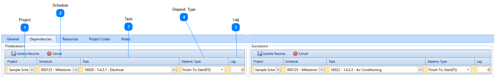 Schedules Task Details Dependencies Tab