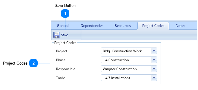 Schedules Task Details Project Codes Tab