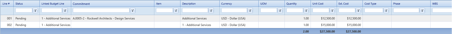 6. Change Events Details Tab Cost Table