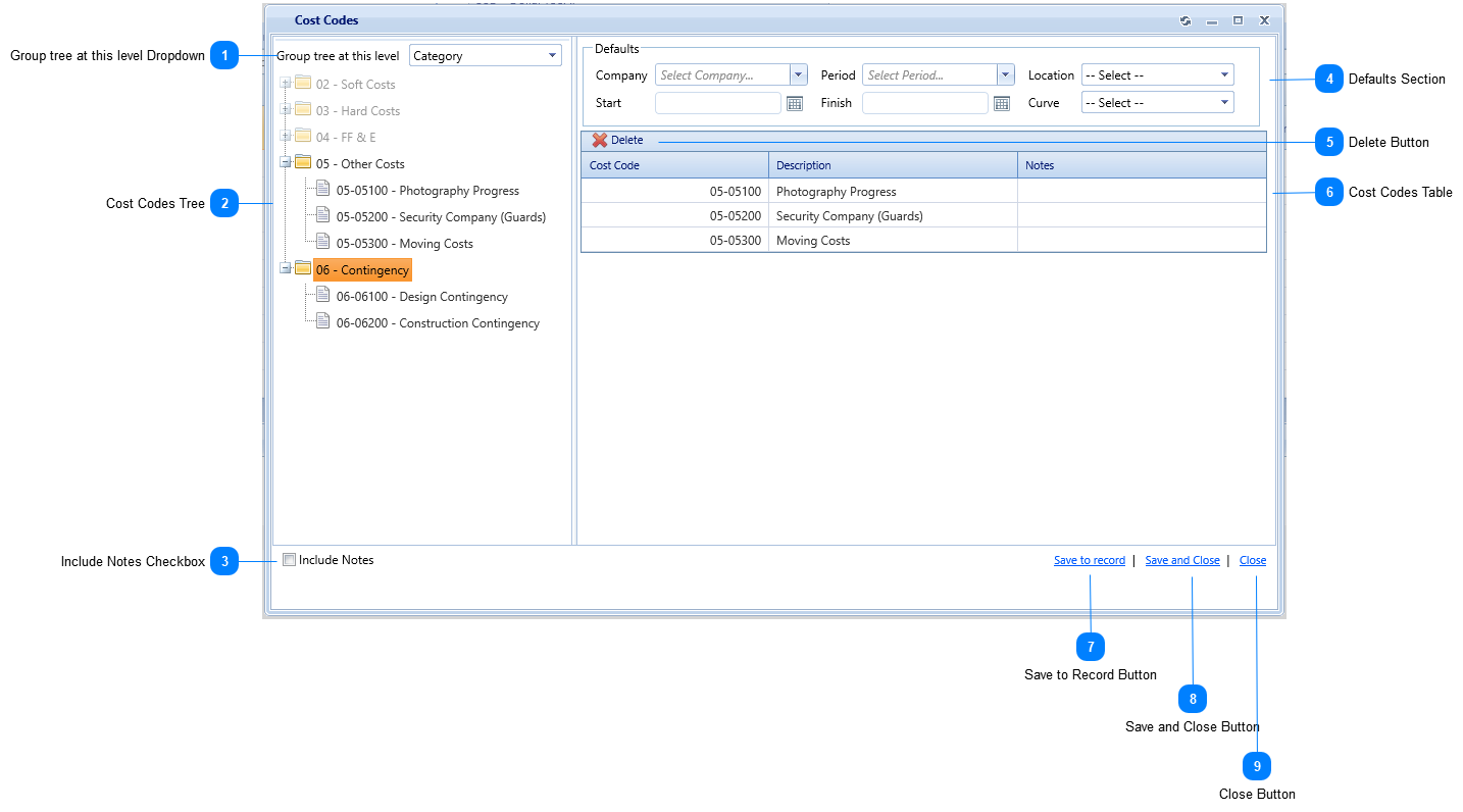Cost Codes Dialog