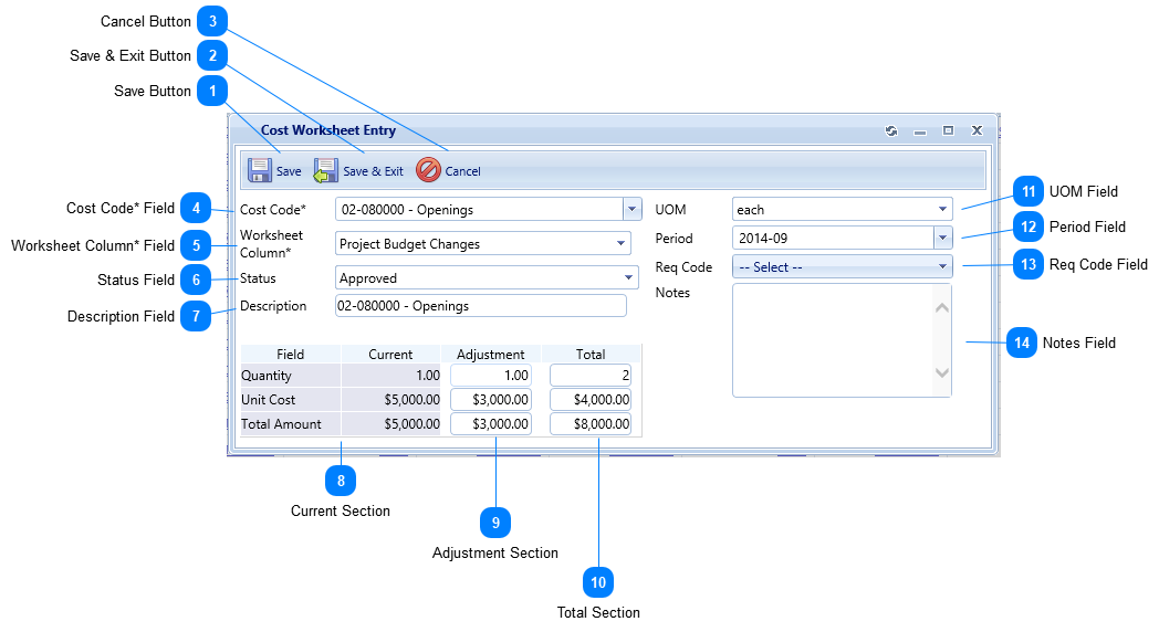 Cost Worksheet Entry Dialog