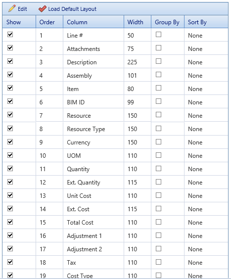 5. Grid Layout Dialog Fields Table
