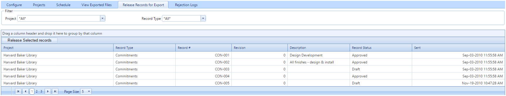 Integration Manager Release Records for Export Tab