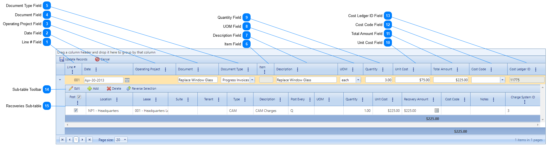 Lease Administrator Recoveries Tab Costs Table