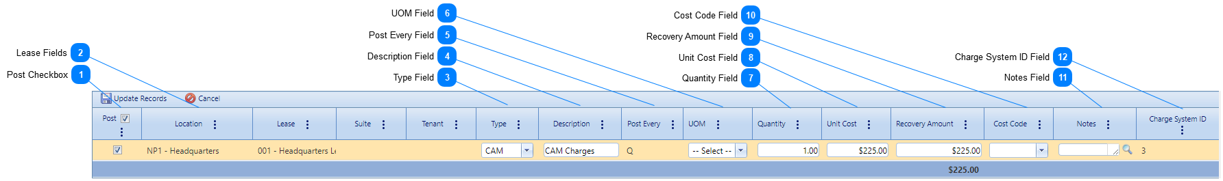 Lease Administrator Recoveries Tab Sub-Table