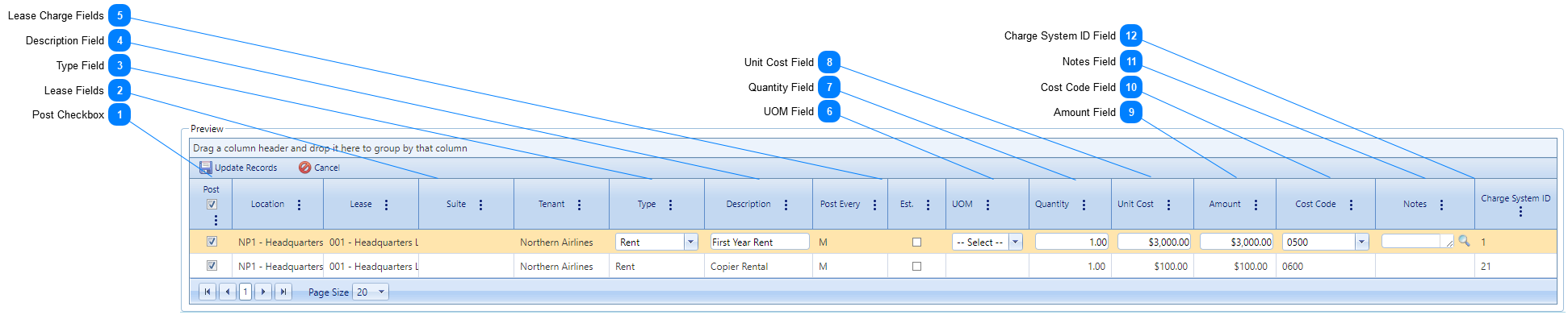 Lease Administrator Scheduled Charges Tab Table