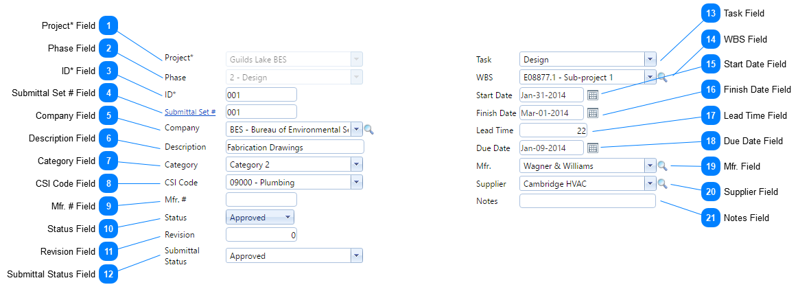 Submittal Items Header Fields