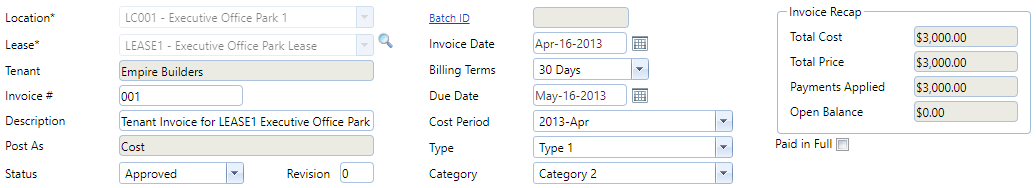 2. Tenant Invoices Header Fields