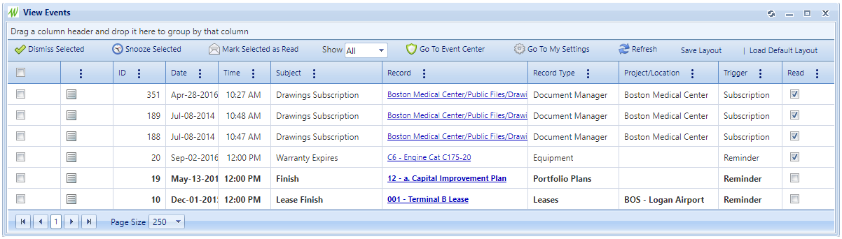 View Events Dialog