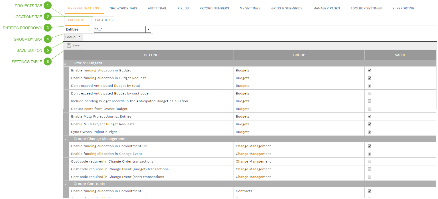 General Settings Projects Tab