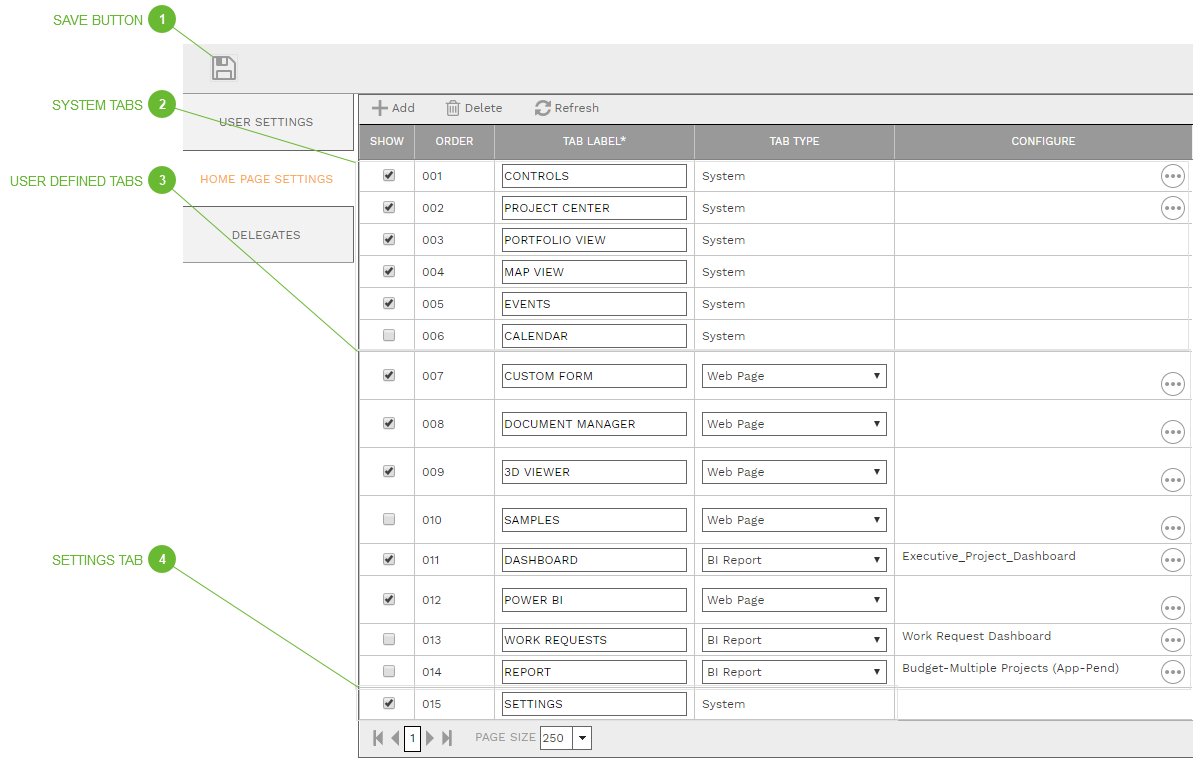 Home Page Settings Tab