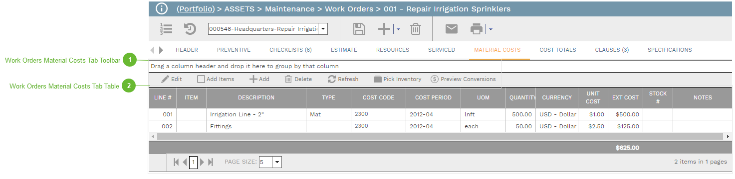 Material Costs Tab