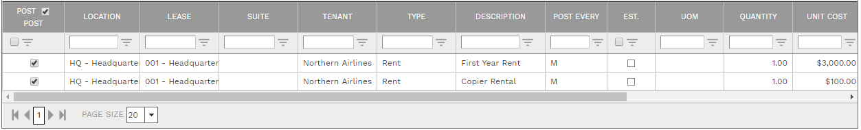 4. Leases Administrator Scheduled Charges Tab Table