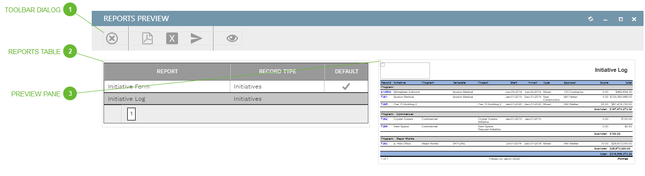 BI Reports Preview Dialog