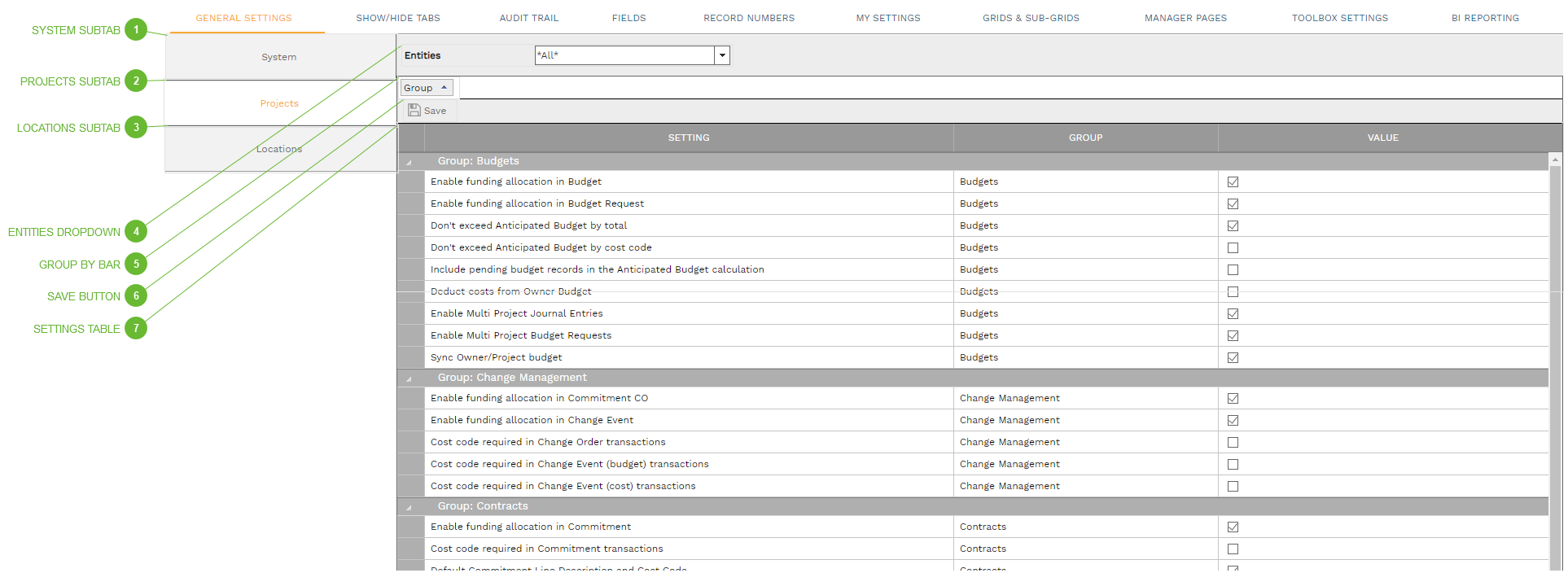 General Settings Projects Subtab