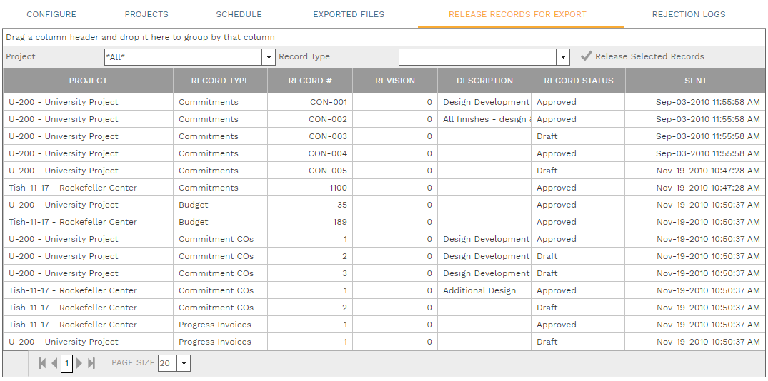 Integration Manager Release Records for Export Tab