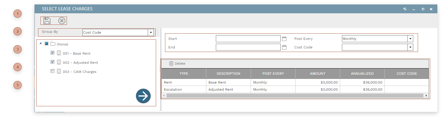 Add Lease Charges Dialog