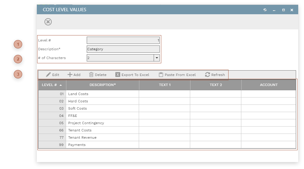 Cost Level Values Dialog
