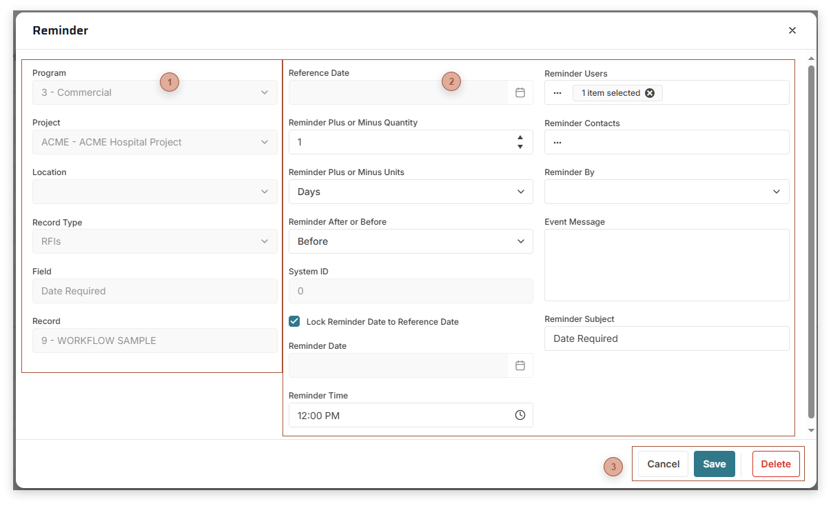 Define Reminder Dialog