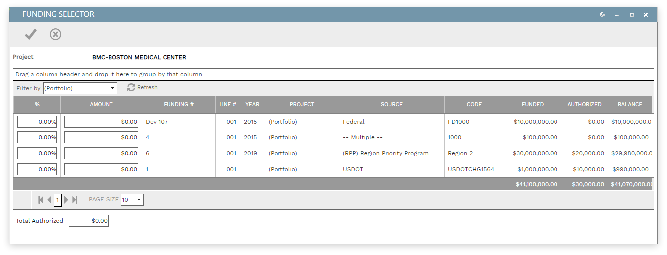 Funding Selector (Funding Authorizations)