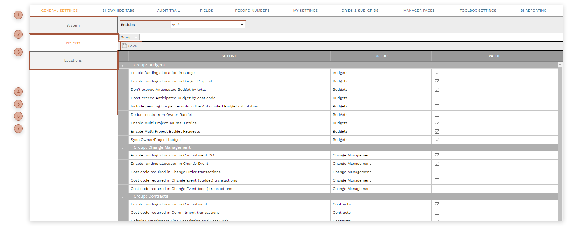 General Settings Projects Subtab