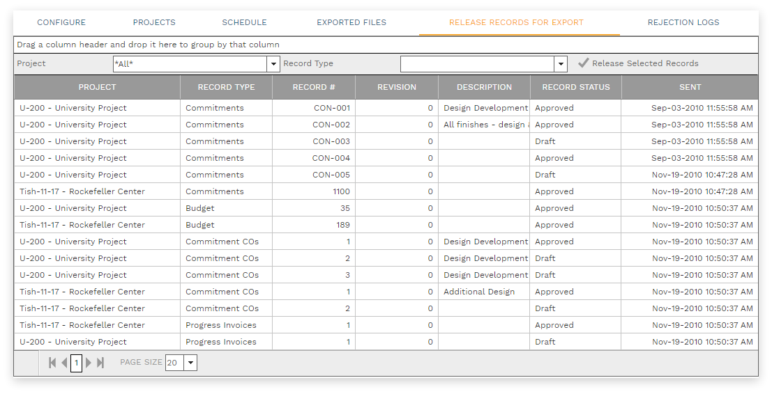 Integration Manager Release Records for Export Tab