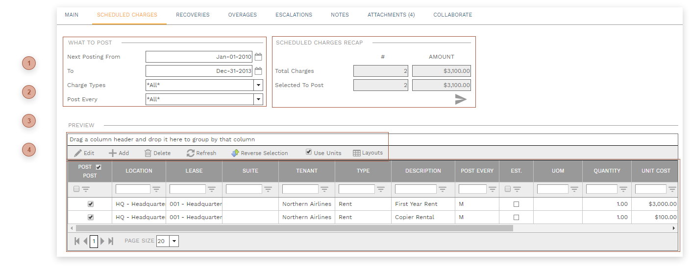 Scheduled Charges Tab